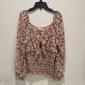 Tempted Blush Floral Tie-Front Smocked Peasant Top